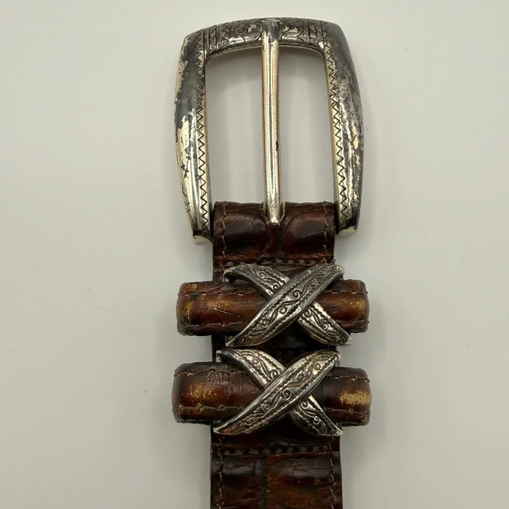 Brighton Belt Womens Brown Crocodile Embossed Western Silver Ornate Hardware